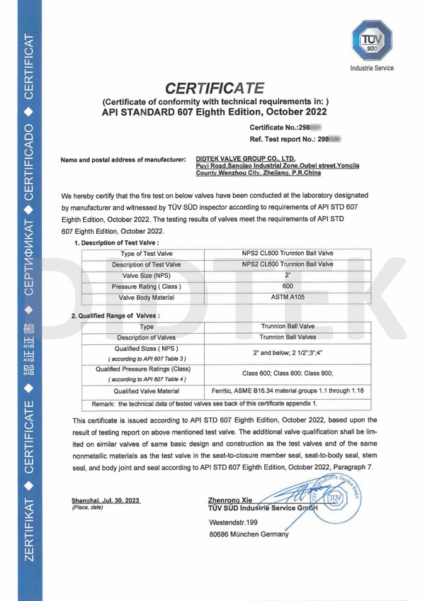 API Standard 607 Eighth Edition Certificate Of NPS2 CL600 A105 Trunnion Ball Valve